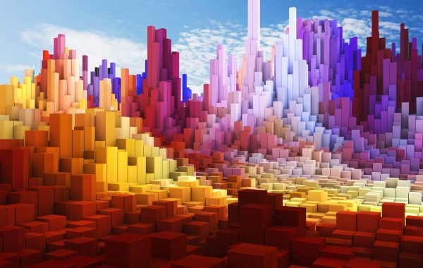 3D render of an abstract cube landscape against blue sky background